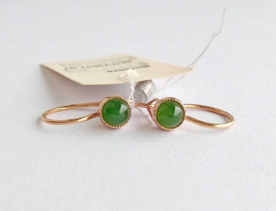 Вінтажні сережки із природнім нефритом. Срібло 925, позолота. Нефрит