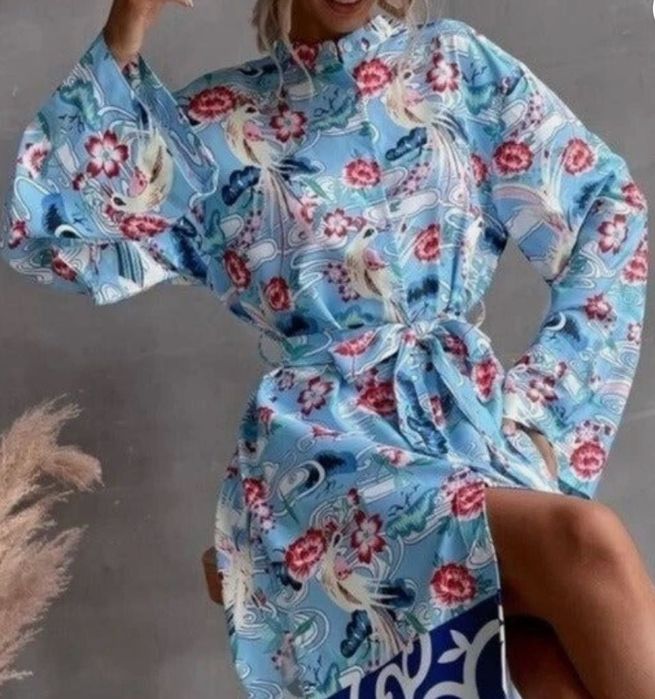 Zara sukienka w kwiaty, koszulowa, kwiatowy print L, XL