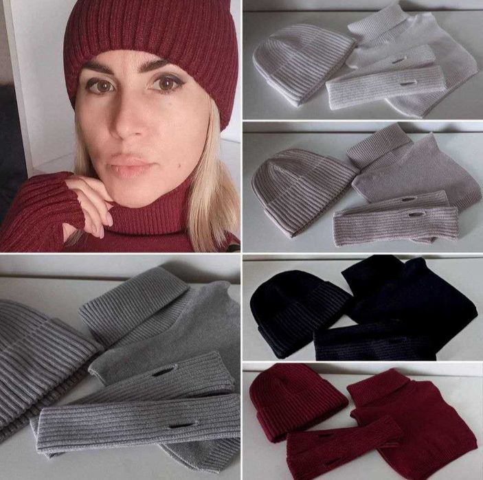 Женская шапка+манишка+митенки Весна