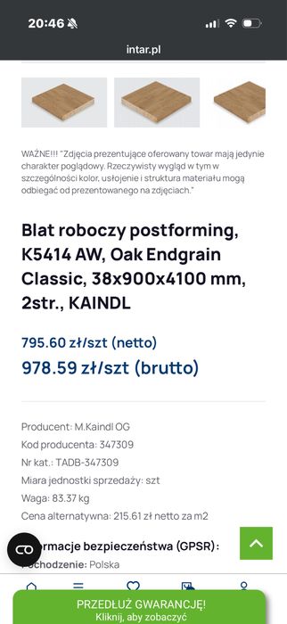 Blat Dąb ENDgrain Clasic, Gr 19mm KAINDL 180 cm x 90 cm