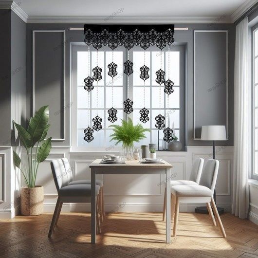 Czarny panel firanowy gotowy z filcowymi zawieszkami