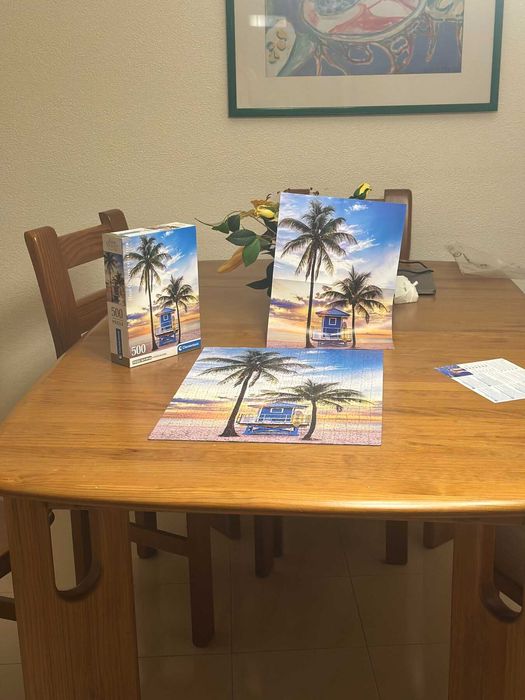 Mesa extensível 4-8 pessoas + 6 cadeiras (Harpa, madeira maciça)