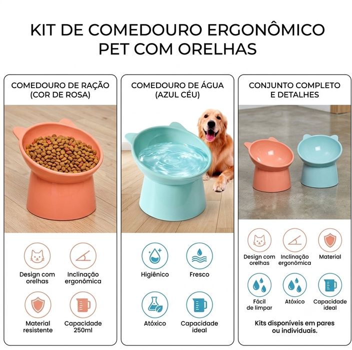 Comedouro Ergonomico Elevado Pet com Orelhinhas – Proteção pra Coluna do Seu Pet! ***Frete Grátis Portugal continental ***
