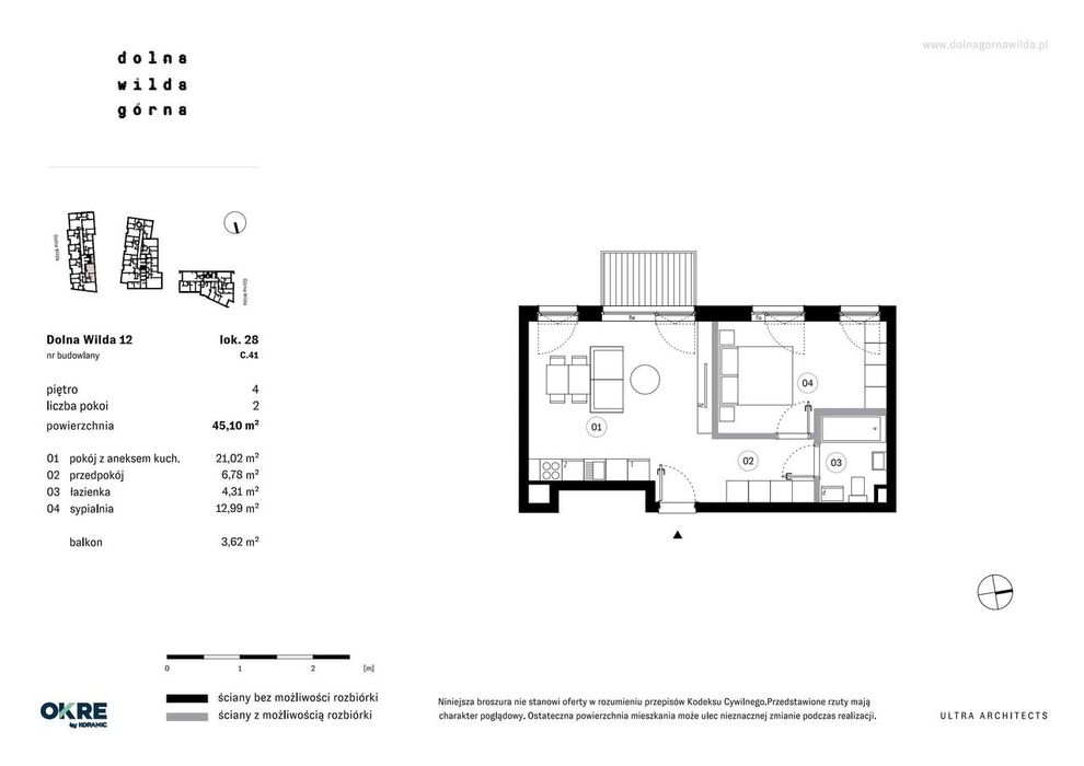 2-pokojowe mieszkanie 45 m² + balkon Bez Prowizji – pohled 2