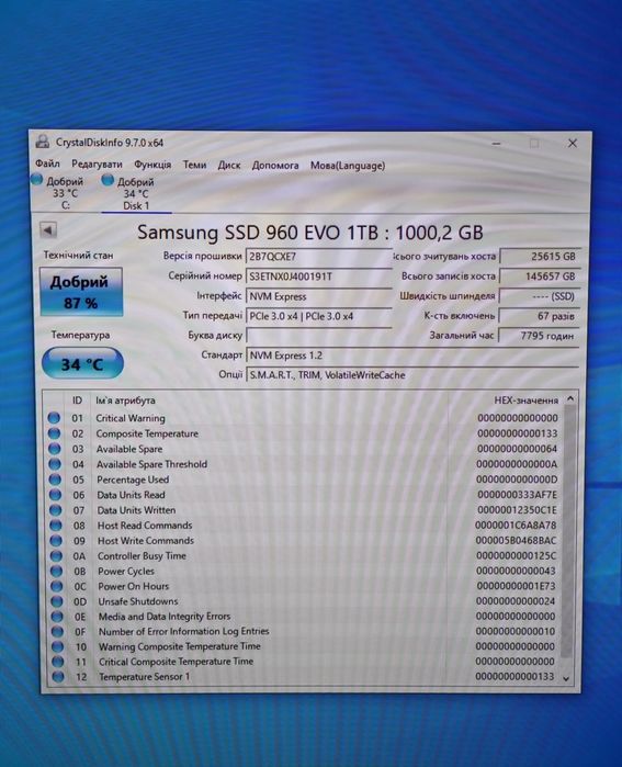 SSD диск 1Tb Samsung 960EVO Nvme PCIe Gen3x4 M.2 2280