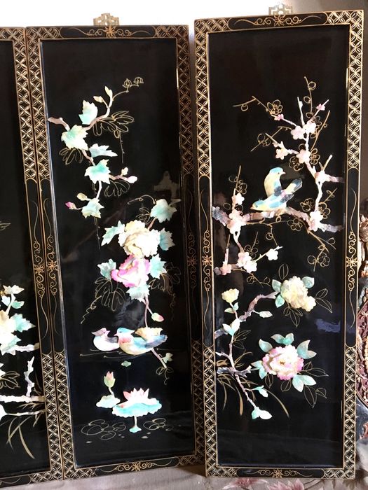 Quadros placas chinesas antigas lacadas e madre pérola oriental
