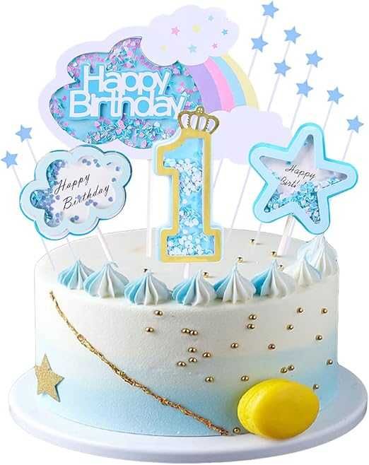 Dekoracja tortu 1 urodziny chłopca topper Happy Birthday niebieski