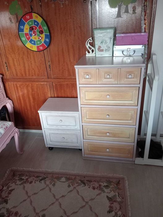 Cama de solteiro, roupeiro, estantes/ Quarto completo para uma menina(madeira)