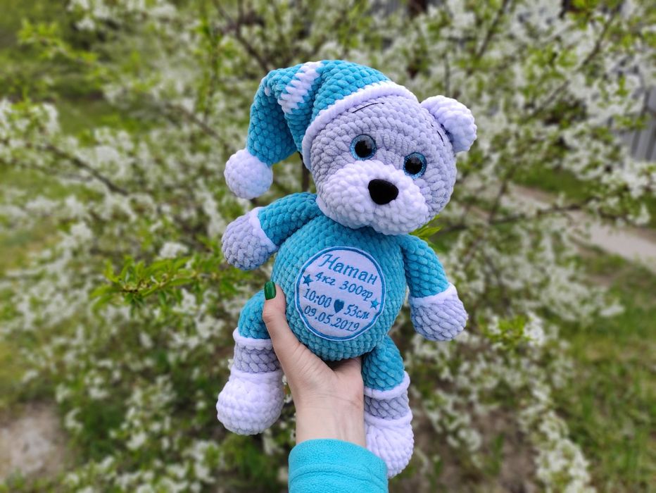 Вязаная игрушка, именная мягкая игрушка мишка с метрикой вышивкой: 500 ...