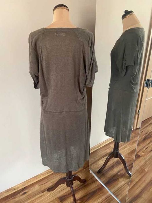 Len  l xl 42 +size braz khaki organic midi lekka sweterkowa sukienka