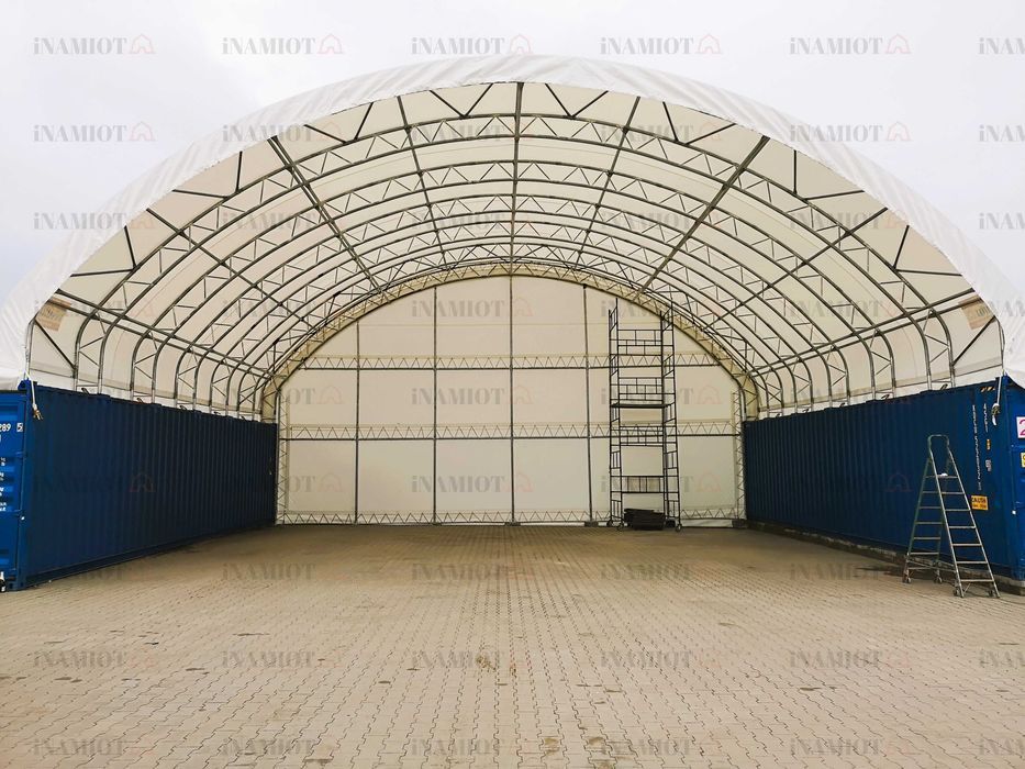 Zadaszenie kontenerowe 15x12 m | Hala na kontenery, boksy LEGO, kruszywa, recykling | Podwójna kratownica | PVC 900 g/m2