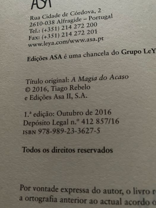 A Magia do Acaso Tiago Rebelo-1.ª Edição