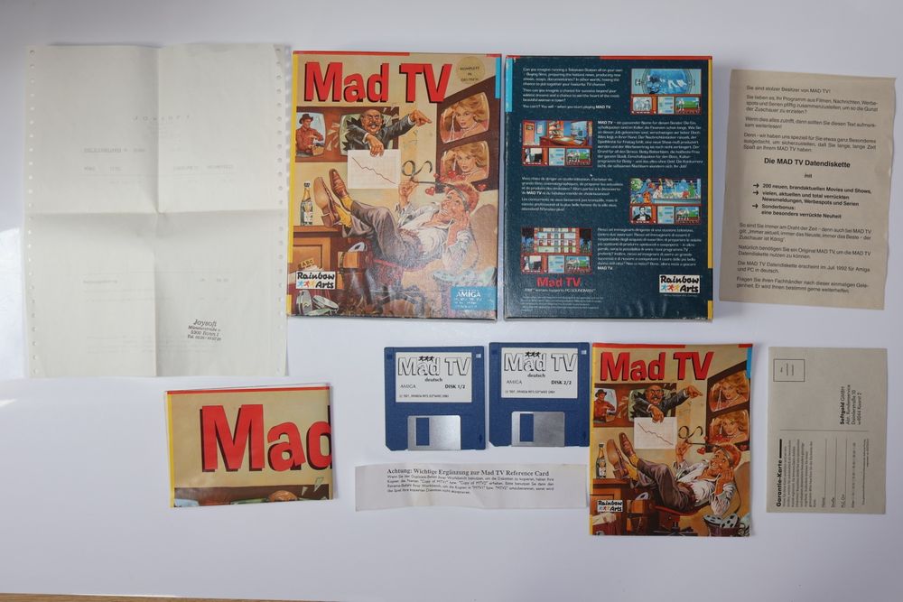 Gra Mad TV wydawca Rainbow Arts na Komputery Retro Commodore Amiga 500 600 1200 Atari ST IBM 2xDisc 3,5" 1991 Big Box Poster Komplet Stan Dobry Plus