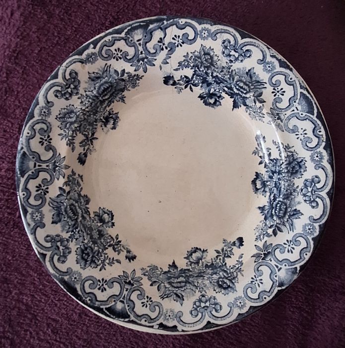 2 pratos fundos antigos Fábrica d'Alcantara fiança fina decoração azul