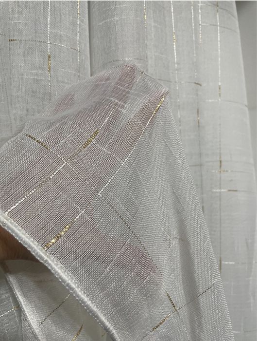 Тюль льняная белая с штрихами серебро, серебро/золото