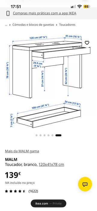 Toucador / Secretária IKEA MALM Branco com Vidro – 120 cm