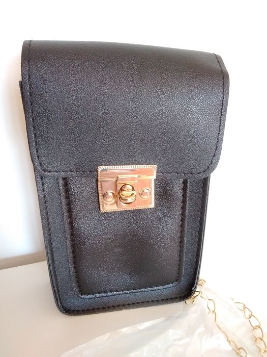 Mala tiracolo porta telemóvel ou documentos, preta 19x11cm