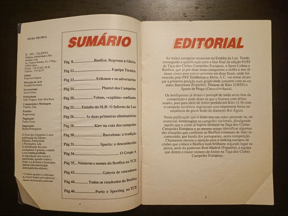 Revista guia dos campeões 1991 Benfica