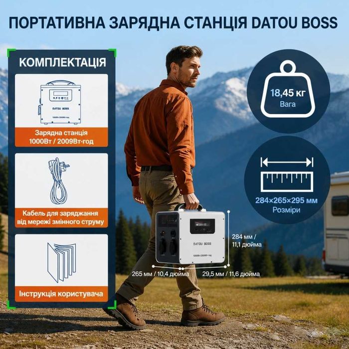 LiFePO4 Зарядна станція Datouboss JC-1020 2009.6 Вт·год | 1000 Вт | Чиста синусоїда | UPS
