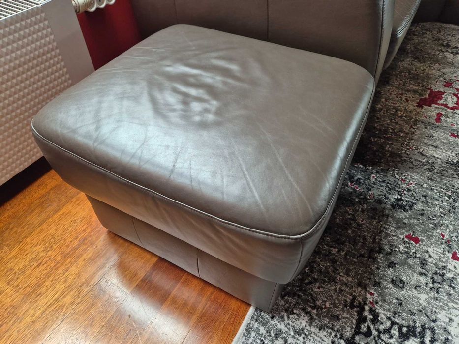 Kanapa narożna skórzana 245x268 rozkładana, fotel i pufa gratis!