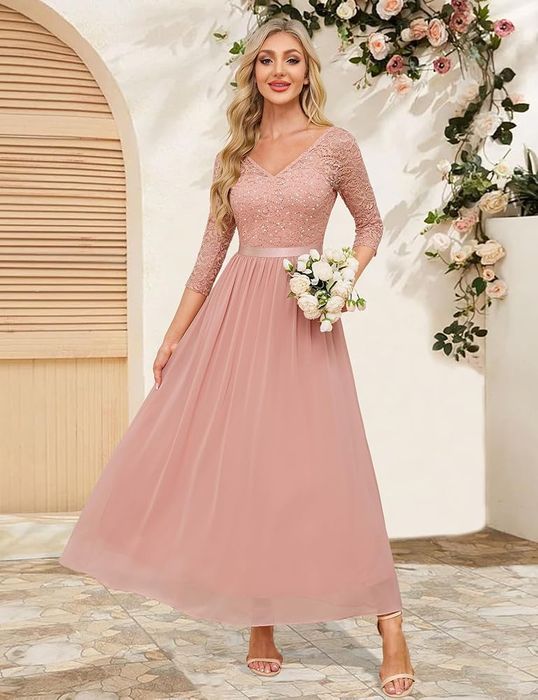 Suknia M 38 cekinowa sukienka maxi szyfon cekiny pudrowy róż wesele komunia