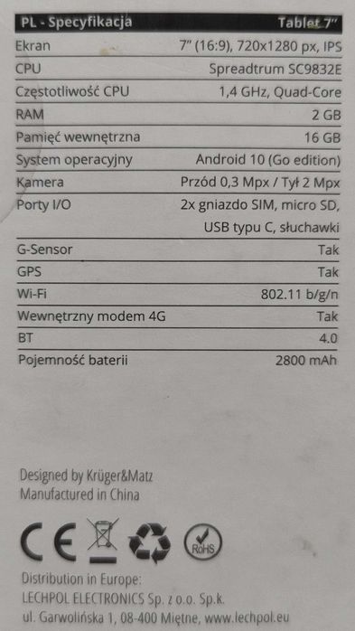 Tablet 7" Kruger&Matz Eagle 702 (LTE, 2/16GB), KM0702. Sam tablet + nóżki Wozinsky