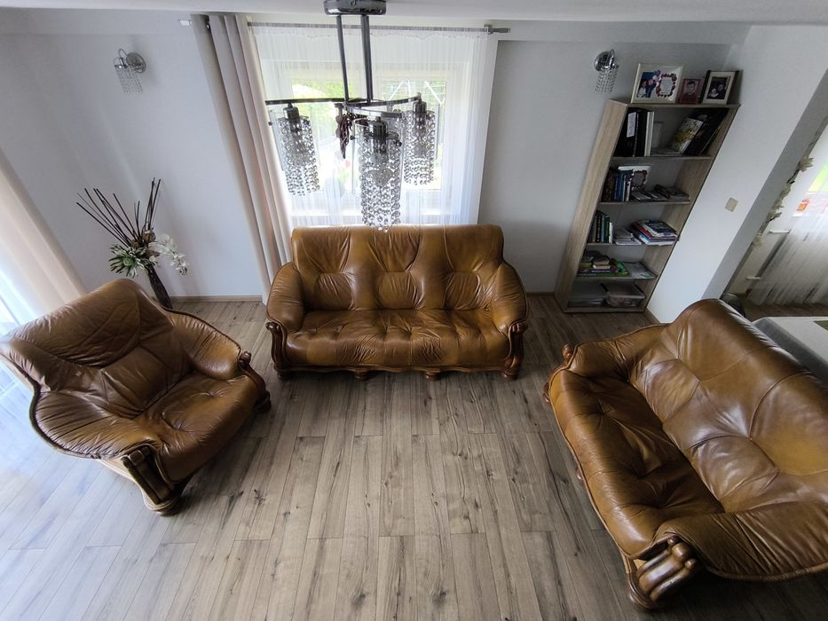 Sofa i komplet wypoczynkowy (skóra, dębowy stelaż)