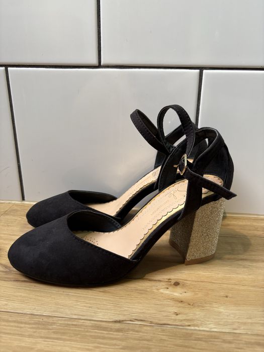 Czolenka buty eleganckie na slupku regro złote czarne 37