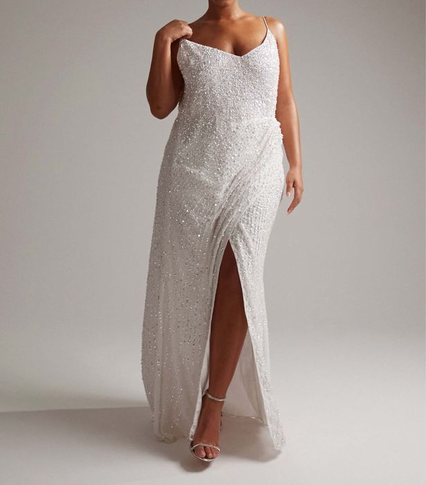 Asos cekinowa biała drapowana sukienka maxi 8 xl 56 7 xl 54