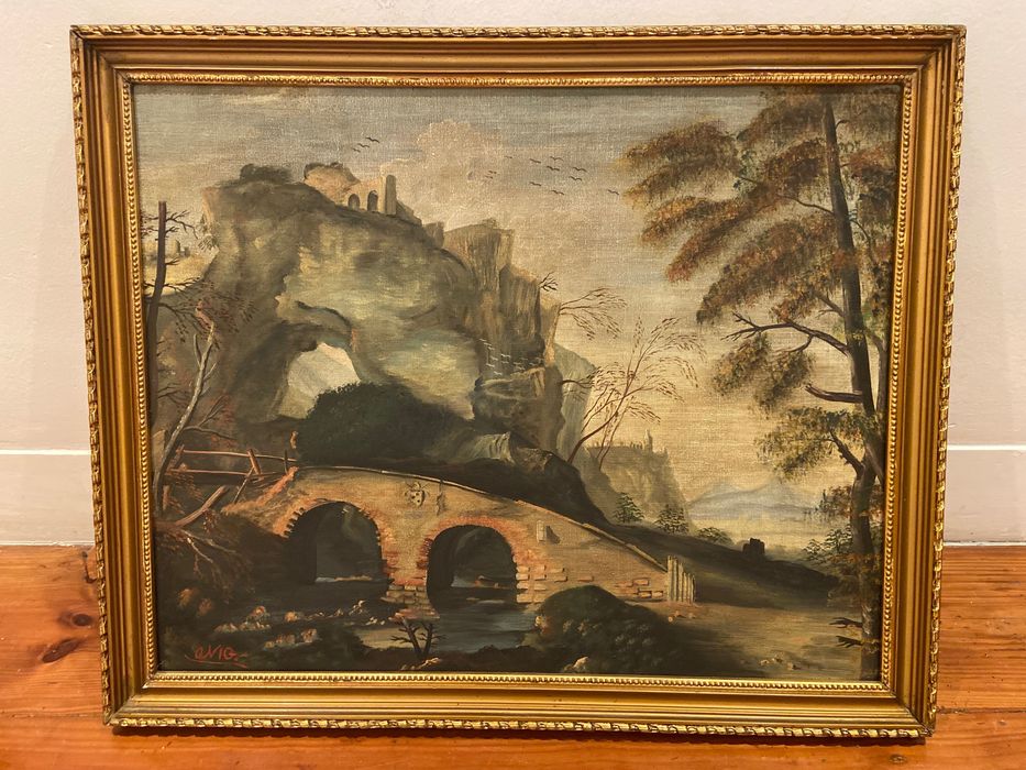 Quadro de paisagem pintada a óleo e moldura de madeira dourada