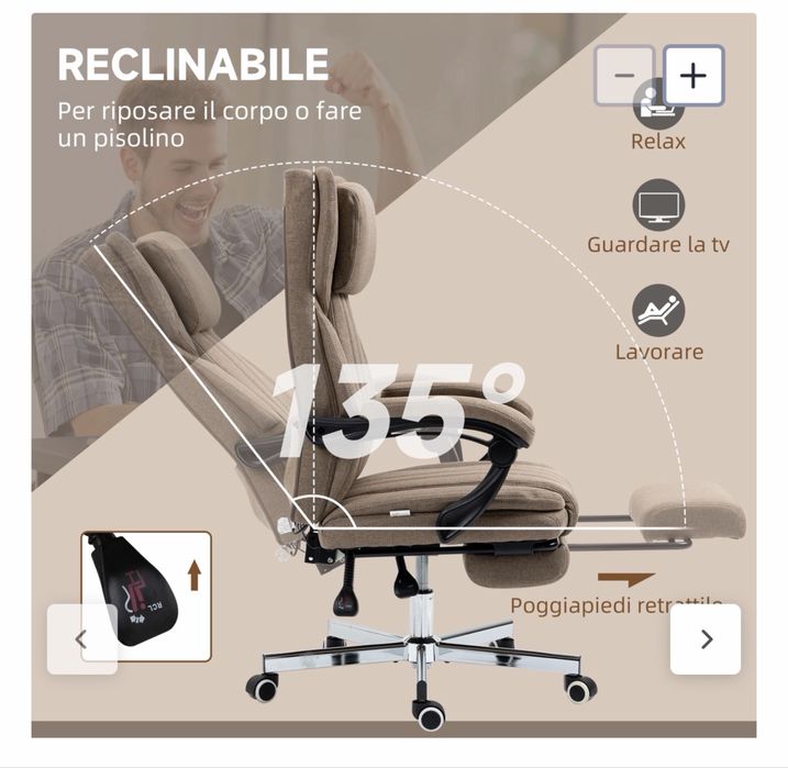 Cadeira de escritório com massagem, apoio para os pés e controle remoto, tecido com efeito linho