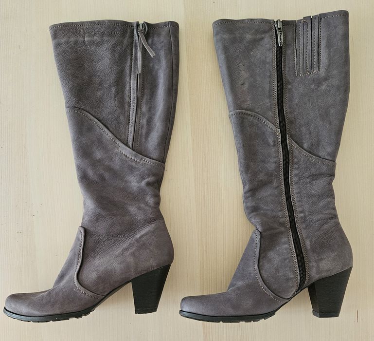Buty damskie, kozaki z  długa cholewką; 38; Tamaris; caffe latte, beż