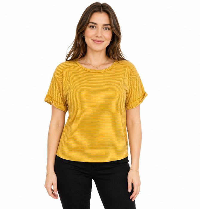 Żółty Tshirt w prążki z podwiniętymi rękawami S 36