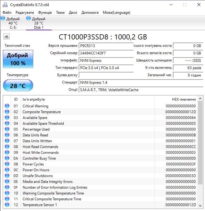 SSD накопичувач 1TB M2 nvme Crucial ct1000p3ssd8c