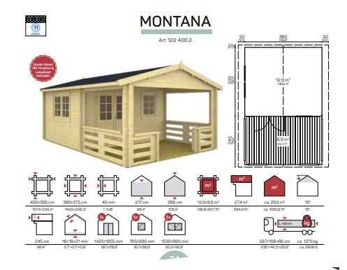 Casinha de madeira diáfana de 23,8m2 com alpendre Modelo MONTANA
