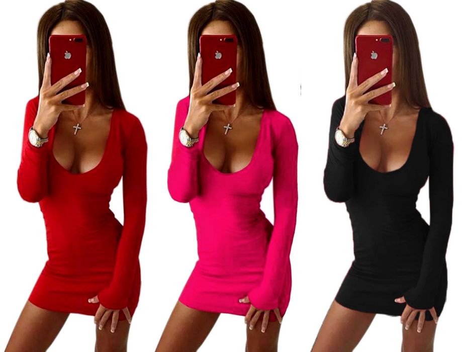 Sukienka CZERWONA mini z Dekoltem długi rękaw XS/S, S/M, M/L