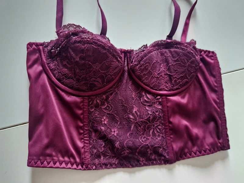Gorset bralet bielizna 70B koronkowa śliwkowa satynowa Stanik