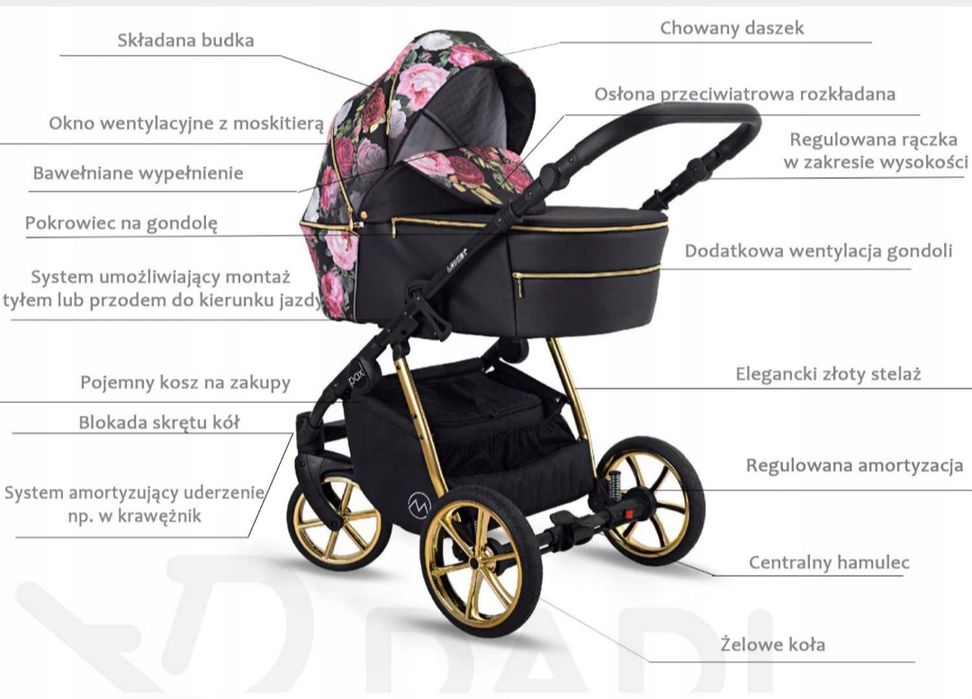 Wózek lonex pax 04  rose 3w1 + izofix dla dziewczynki, dziewczęcy