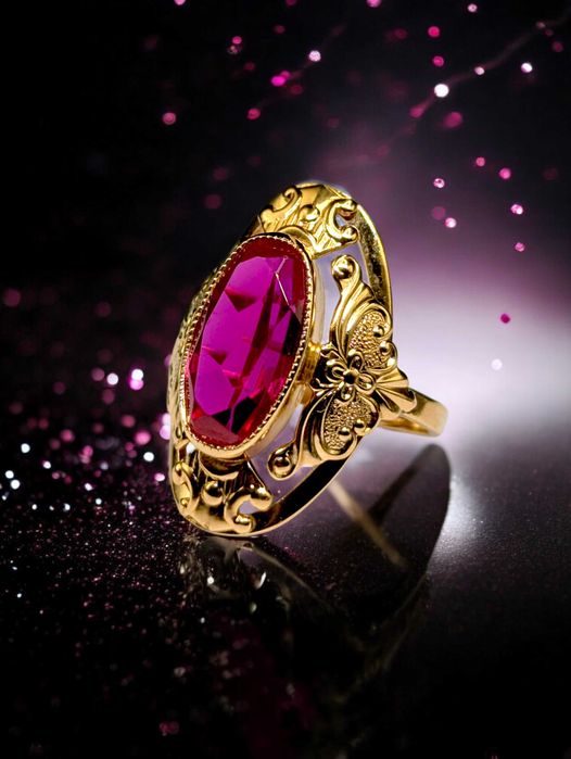 Zdobiony pierścionek z czerwonym oczkiem I 585 I Świetny stan