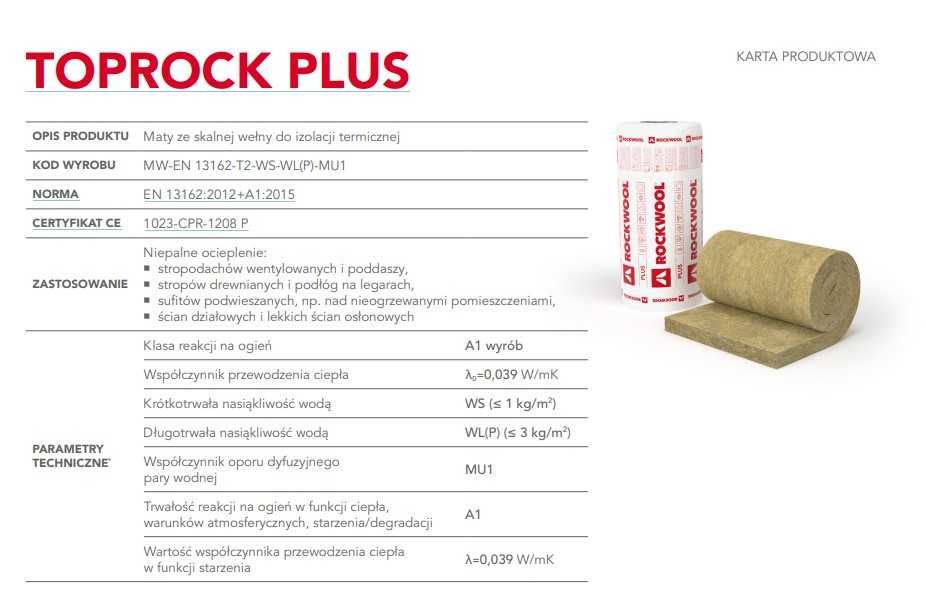 Wełna skalna ROCKWOOL TOPROCK PLUS 100mm 10cm, 15 , 20 lambda 0,039