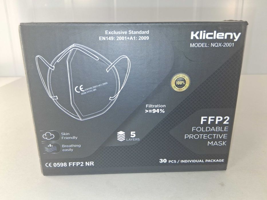N204 Zestaw Maski FFP2 Czarne Kllicleny 5 Warstw 30 Szt Indywidualne