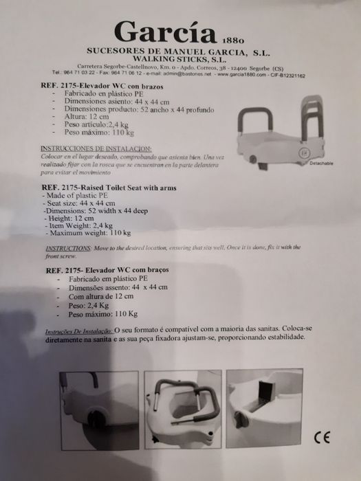 Vendo elevador WC com braços novo da marca García