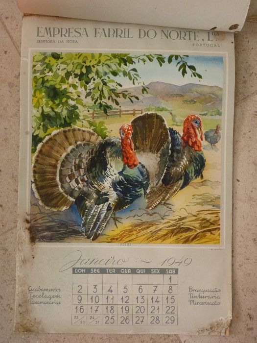 calendário antigo com lindas estampas/ aguarelas