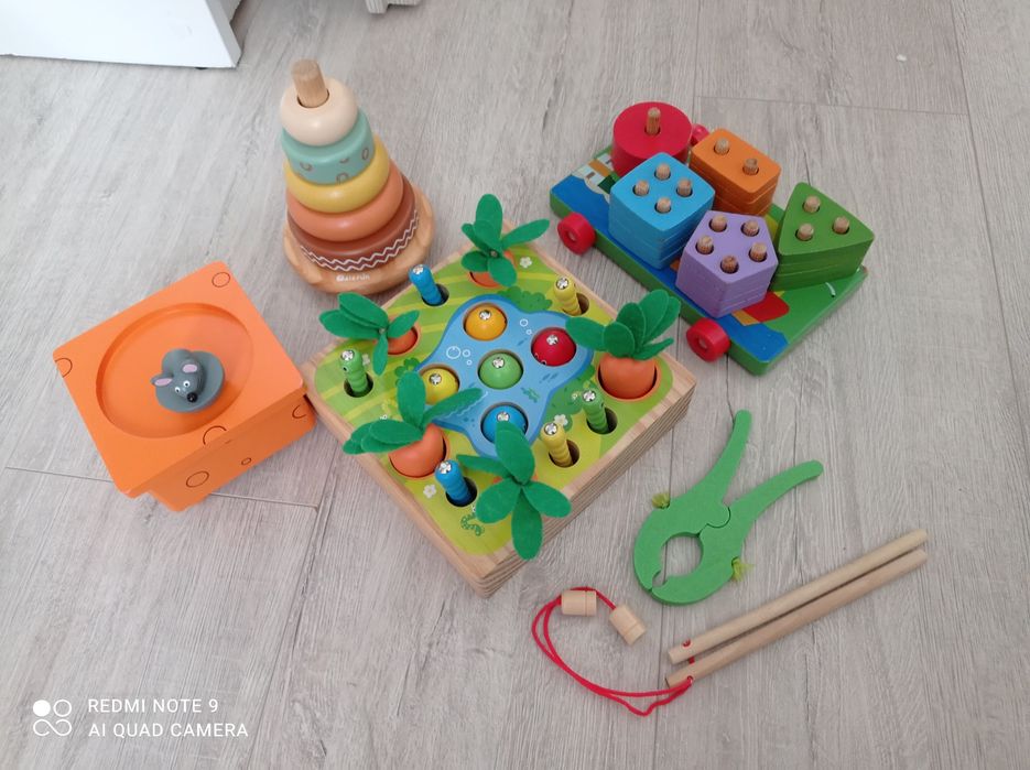 Zestaw zabawek drewnianych/ łowienie rybek/ warzywny ogród/ sorter