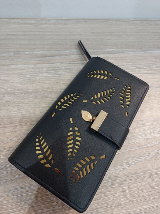 Portfel damski czarny, złote liście