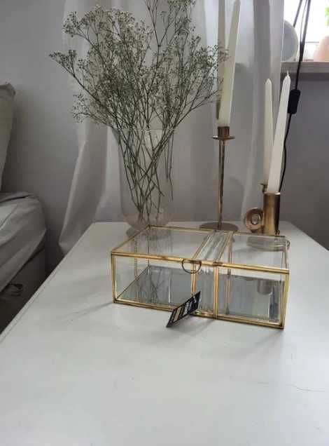 Pudełko / szkatułka szklana złota - słodki stół, obrączki, dekoracje