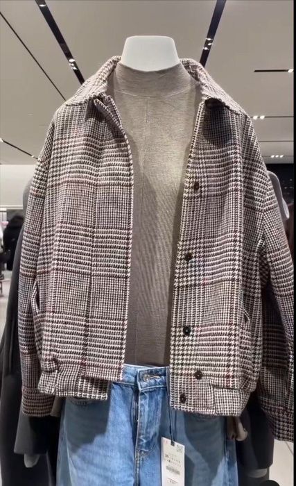 Zara viralowa kurtka bomberka brązowa krata 38 M wełna, wiskoza