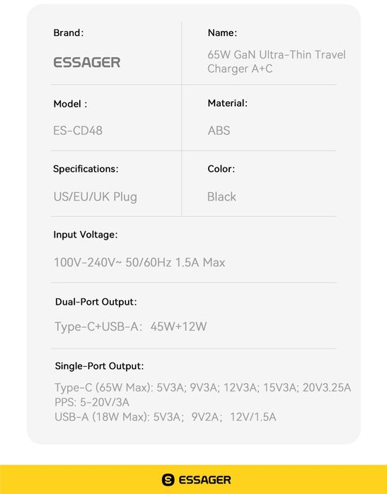 Ультратонкий зарядний пристрій Essager 65Вт GaN мініатюрна зарядка 65W