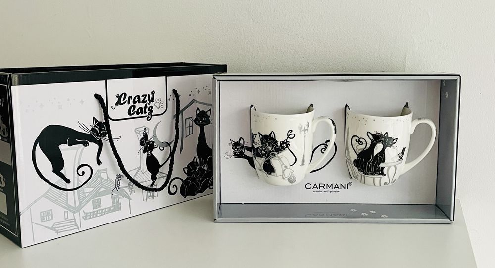 CARMANI zestaw 2 kubki ceramiczne koty black&white