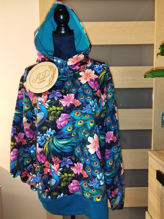 Bawełniana bluza damska z kapturem Kolorowe pawie L 40